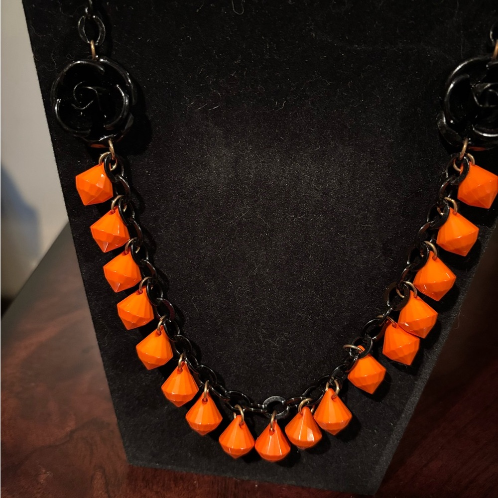 Vintage Black Metal Roses Orange Beads Necklace Earring Statement set New